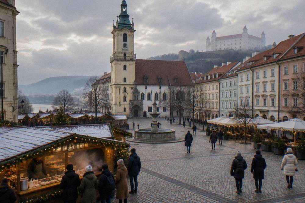 A stall serving hot food and drinks at a Bratislava Christmas market