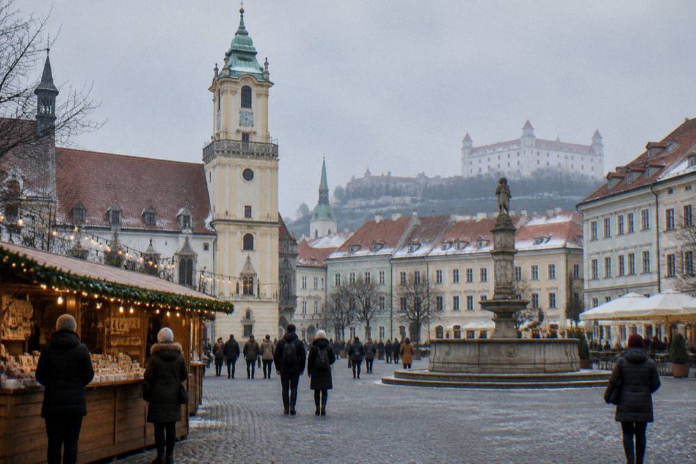 Fairy lights above a market stall with the towers of Bratislava Old Town behind