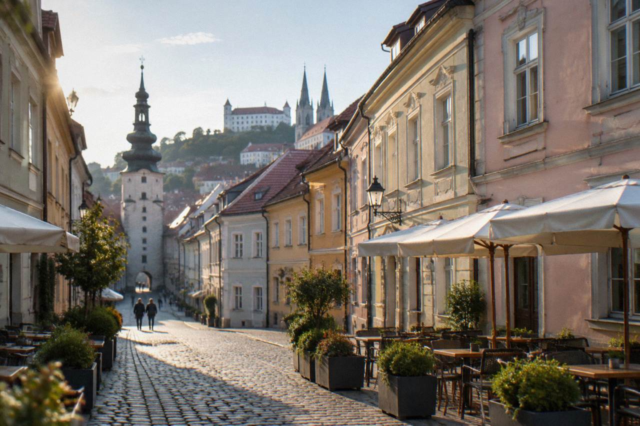 Twin spires of a cathedral rising above red rooftops in a European old town
