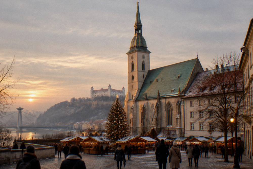 A church square with market stalls and a decorated tree in winter dusk