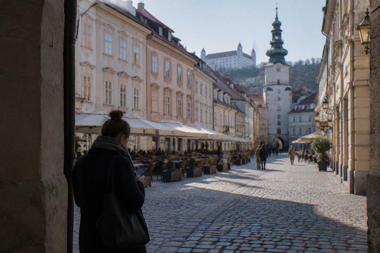A visitor checking a phone while standing on a cobbled square in the Bratislava Old Town