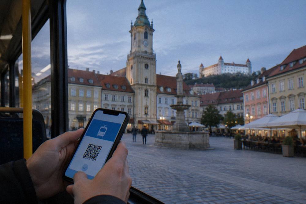 Hands holding a phone showing a public transport ticket app on a tram in Bratislava