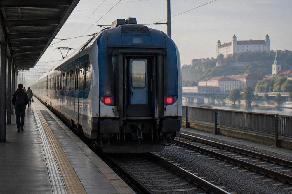 A train departing a Bratislava railway platform in the early morning