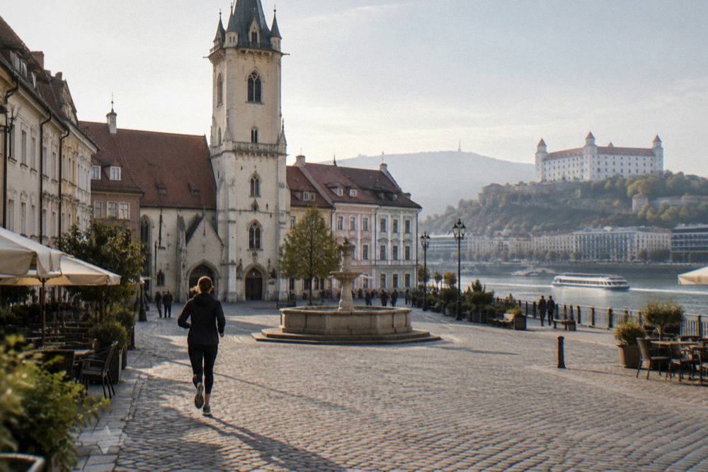 A boat cruising on the Danube with the Bratislava riverfront in the background