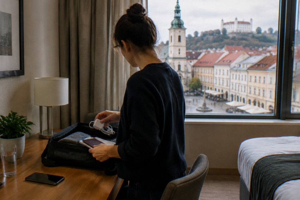 A traveller packing a phone charger and documents on a hotel desk