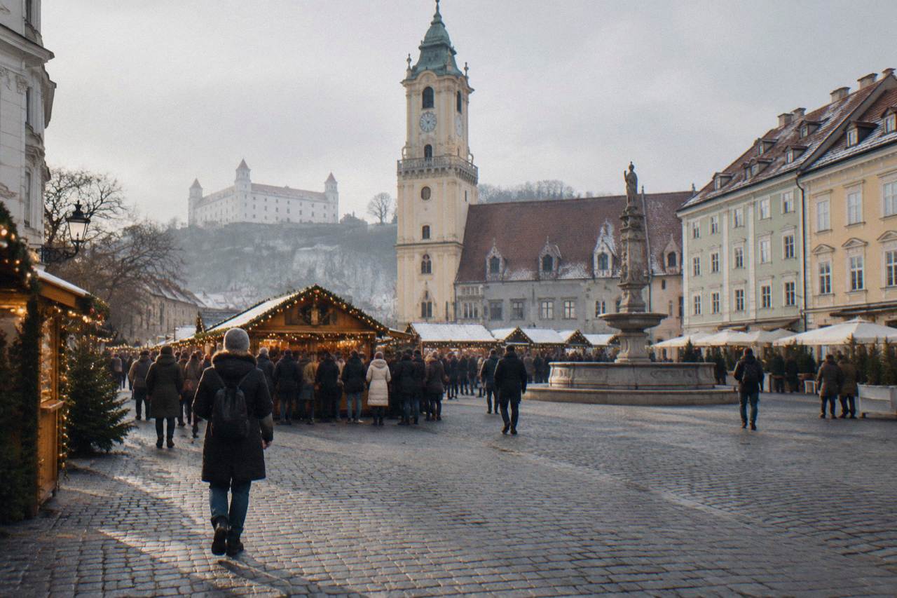 Festively lit main square in Bratislava with a crowd gathered around a Christmas market stall