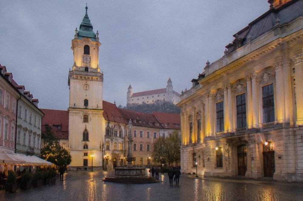 Concert hall facade in Bratislava lit for an evening performance