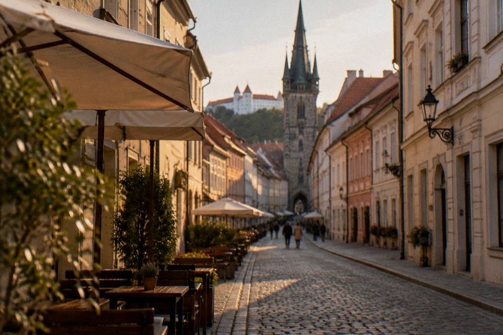Gothic tower and historic building facades in the Bratislava Old Town
