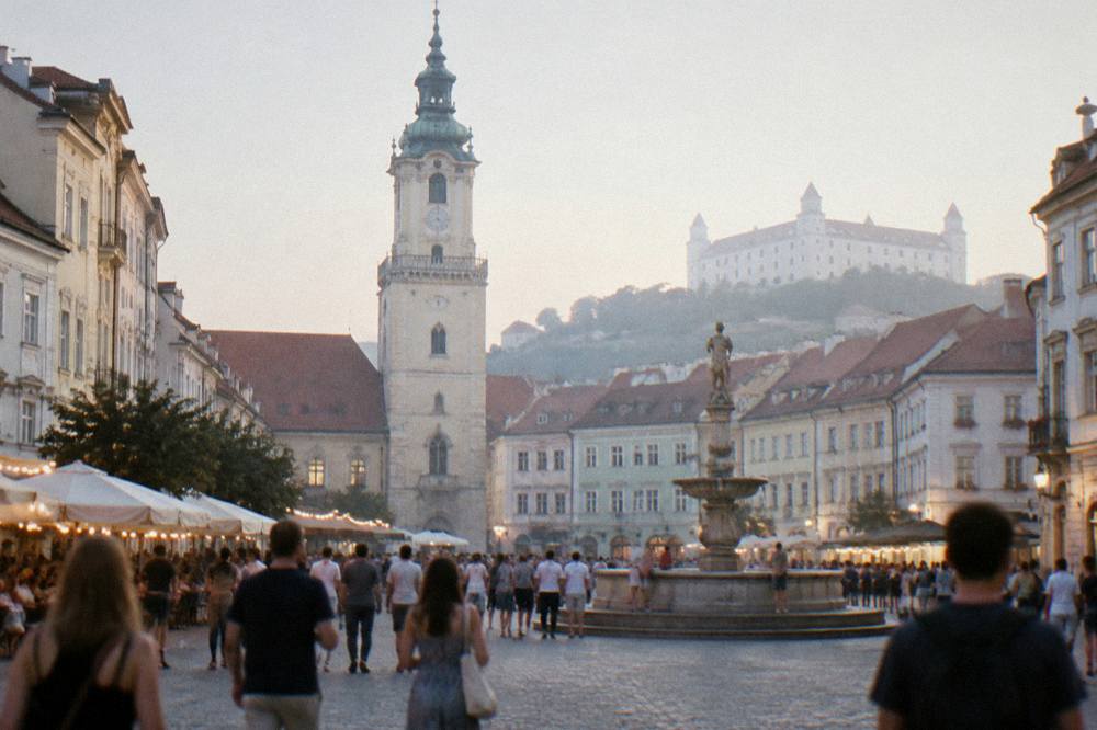 Crowd walking through a lit square in Bratislava during an evening festival