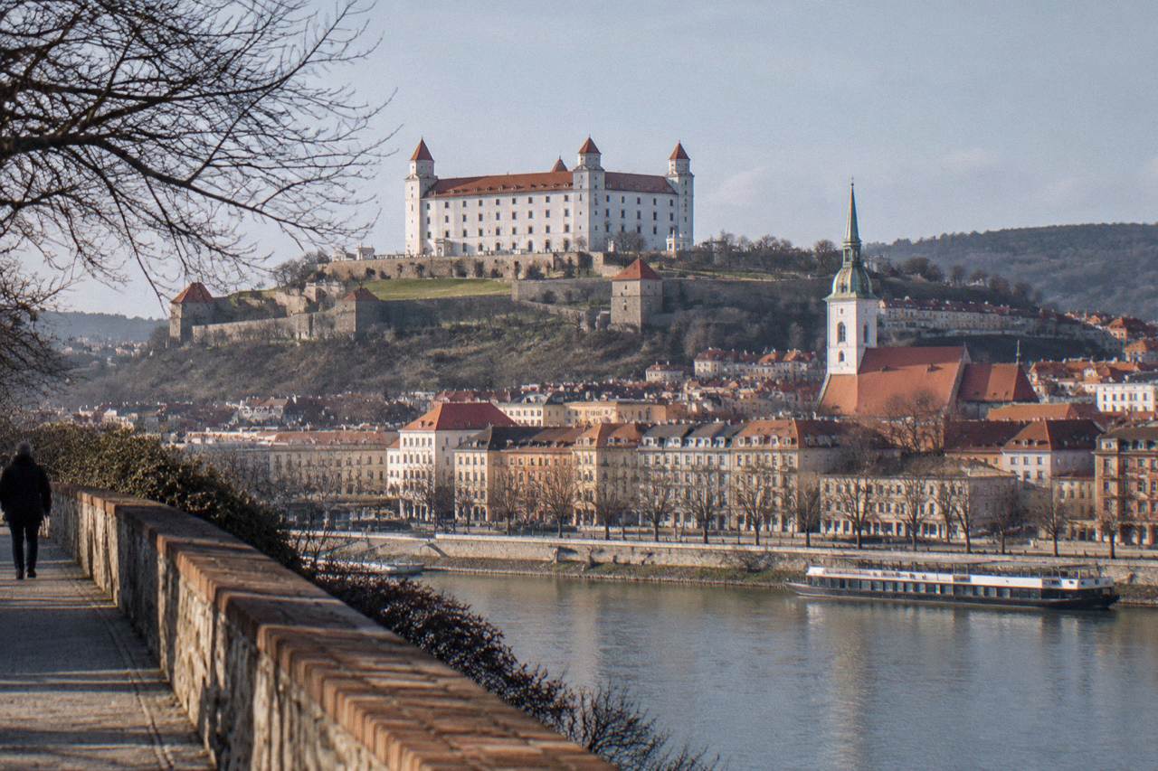 Bratislava Castle standing above the old city rooftops and the Danube