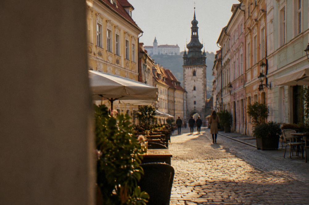 The pedestrian Main Square in Bratislava's Old Town with historic coloured townhouses
