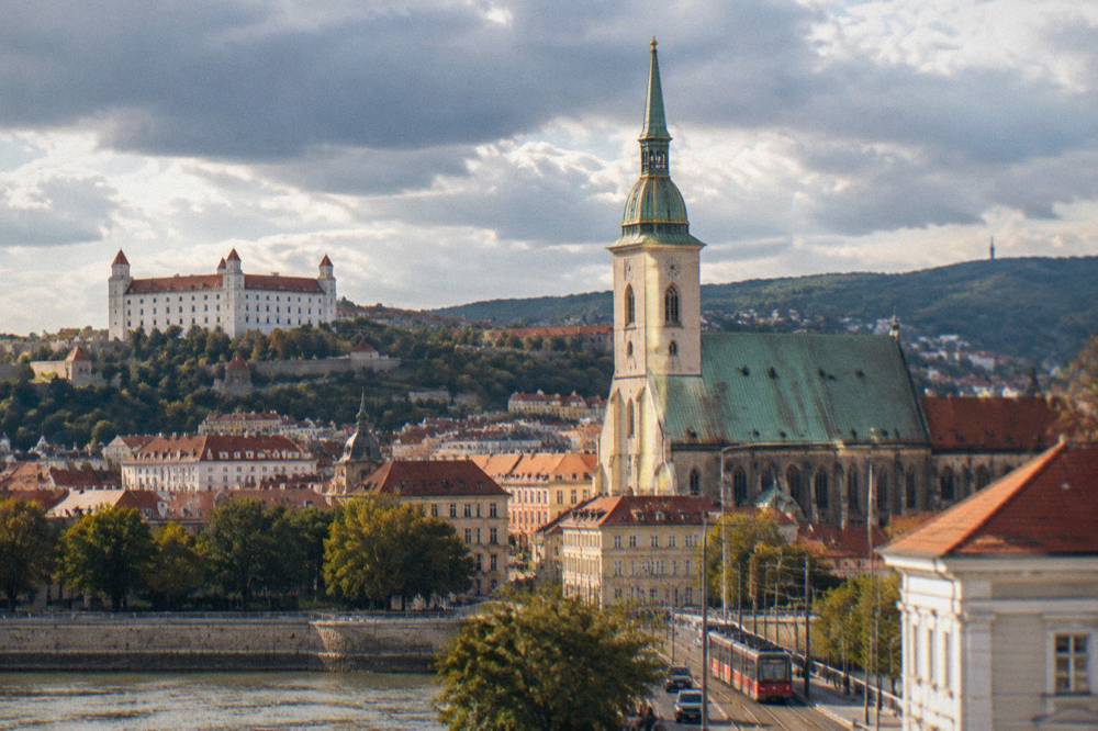 The Gothic tower and green spire of St Martin's Cathedral in Bratislava