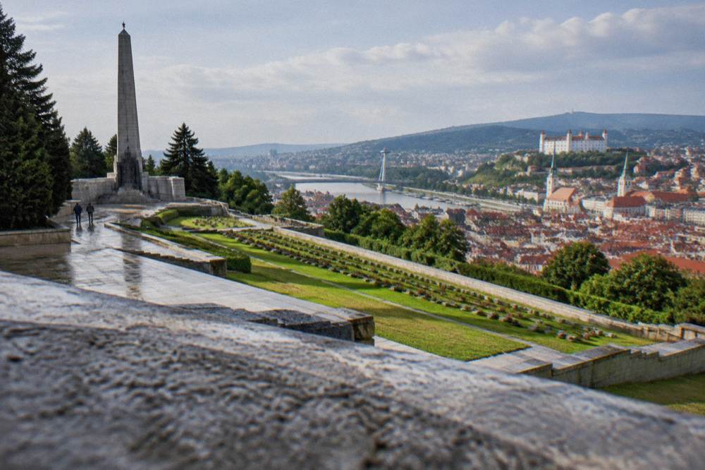 Rows of gravestones on the terraced slopes of the Slavin memorial in Bratislava