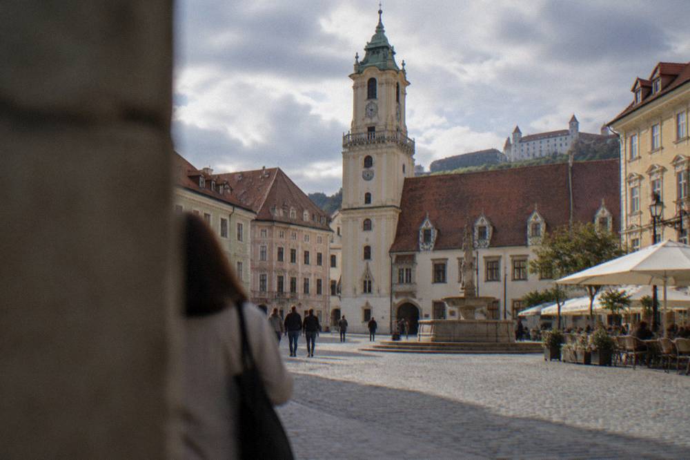 The tower and courtyard of the Old Town Hall on Main Square in Bratislava