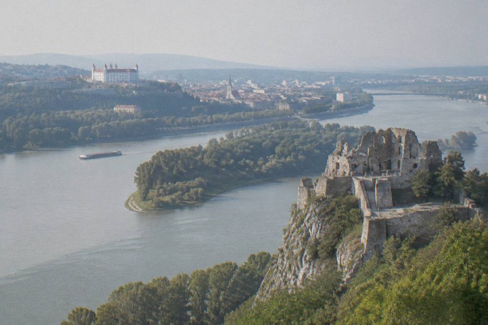 Stone ruins of Devin Castle above the confluence of two rivers near Bratislava