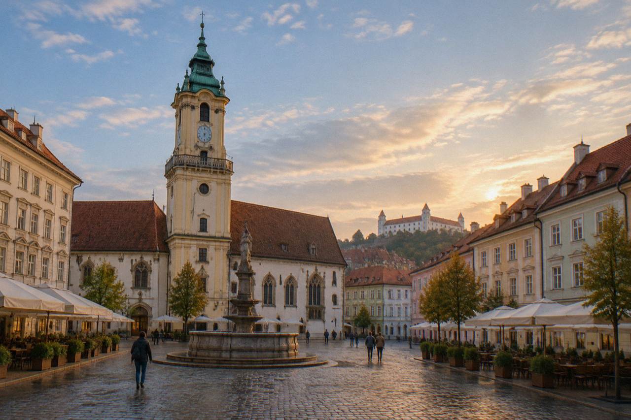 A quiet street of older apartment buildings in central Bratislava at golden hour