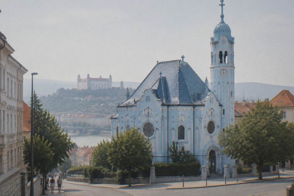 The exterior of the Blue Church in Bratislava with its pale blue facade