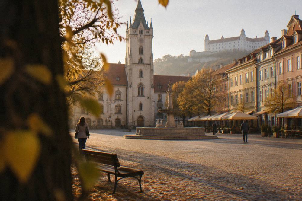 An empty park pathway in Bratislava in late autumn with fallen leaves