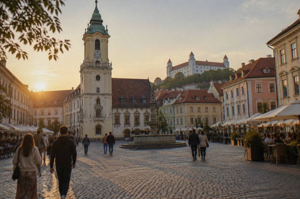 Visitors walking through a cobbled square in Bratislava's historic centre