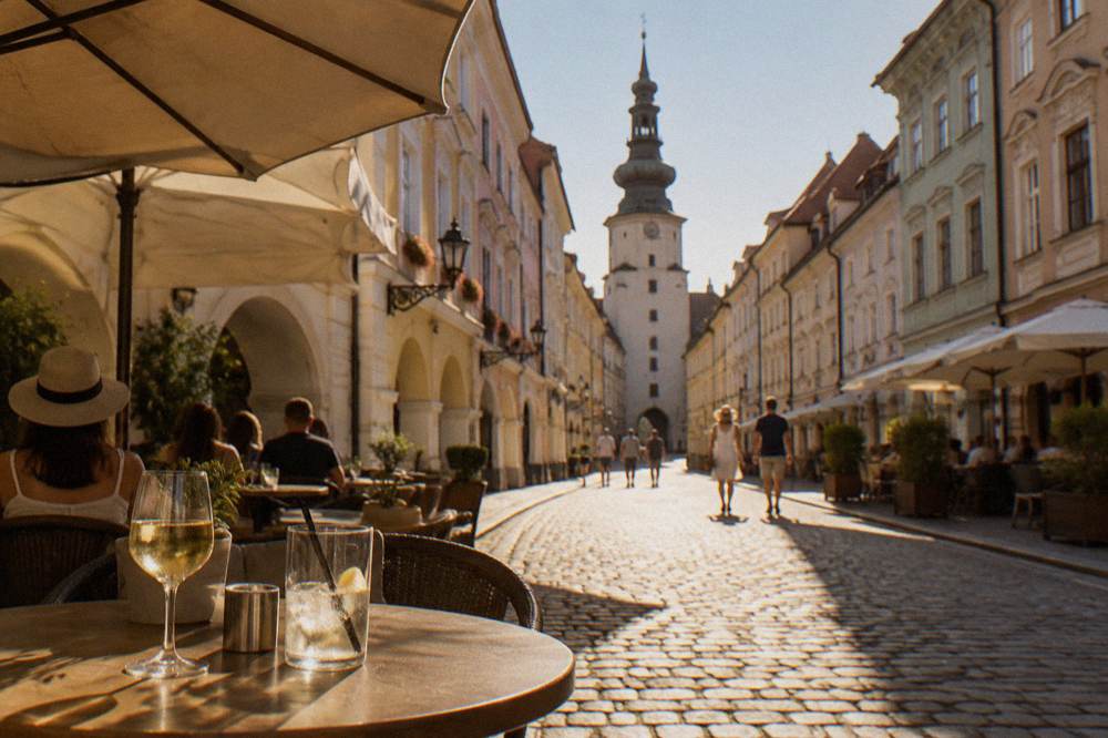 A shaded terrace with tables and drinks on a square in Bratislava Old Town
