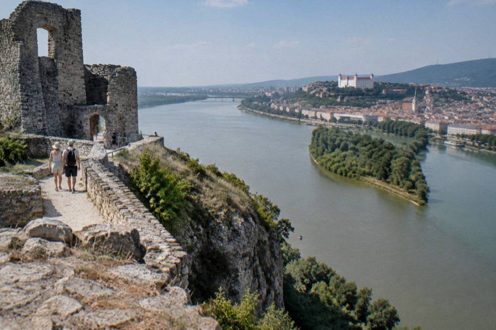 Devin Castle ruins above the confluence of the Danube and Morava rivers in summer