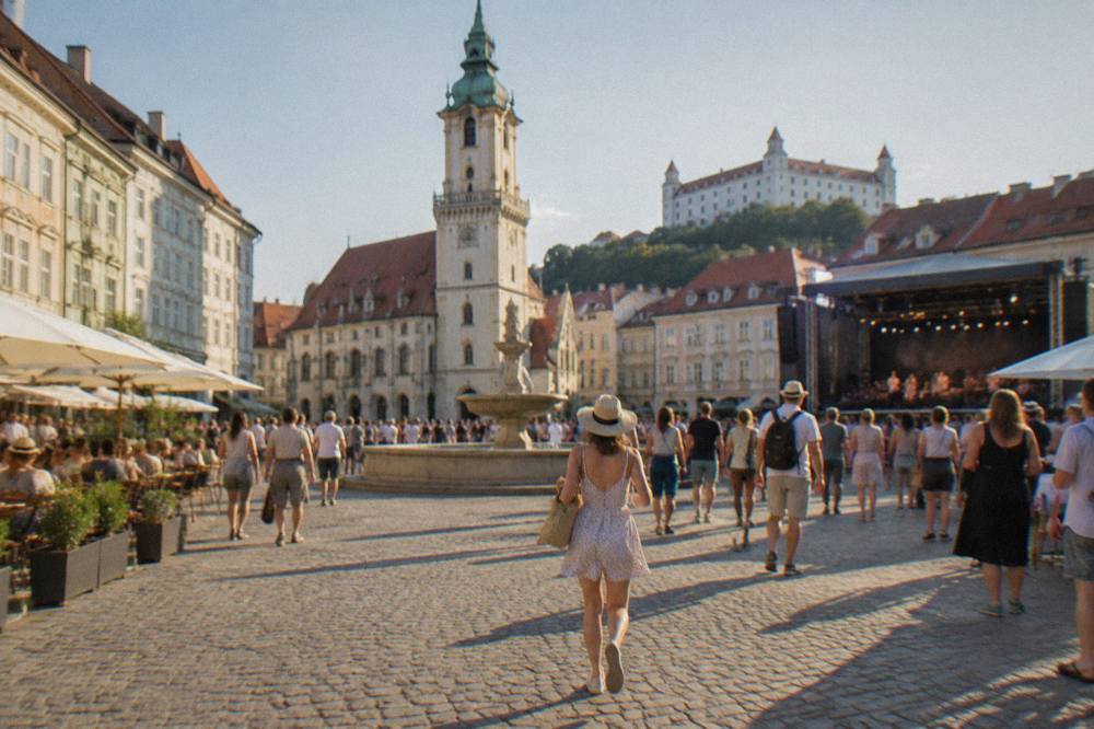 An evening crowd at an outdoor event on a square in Bratislava in summer