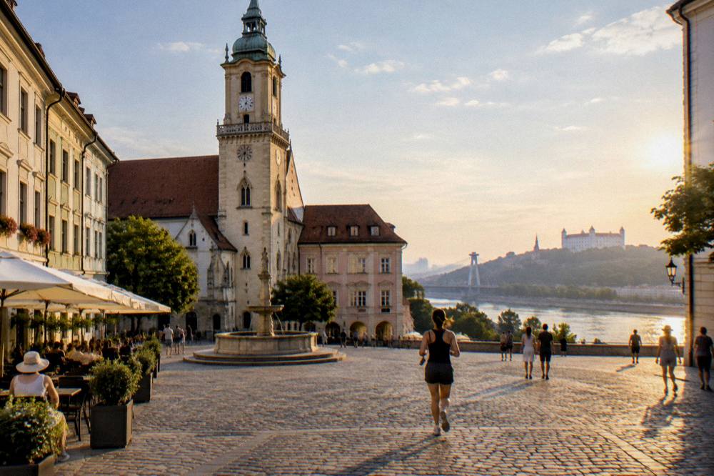 The Danube river and city skyline of Bratislava at summer sunset