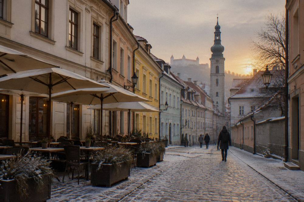 Frost on the pavement of a narrow Old Town street in Bratislava