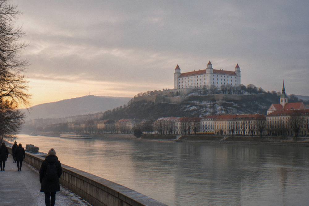 Bratislava Castle standing above the river in low winter light