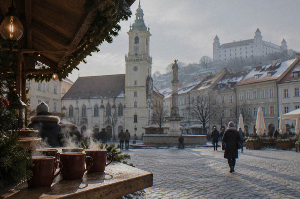 Mulled wine cups steaming on a wooden Christmas market stall