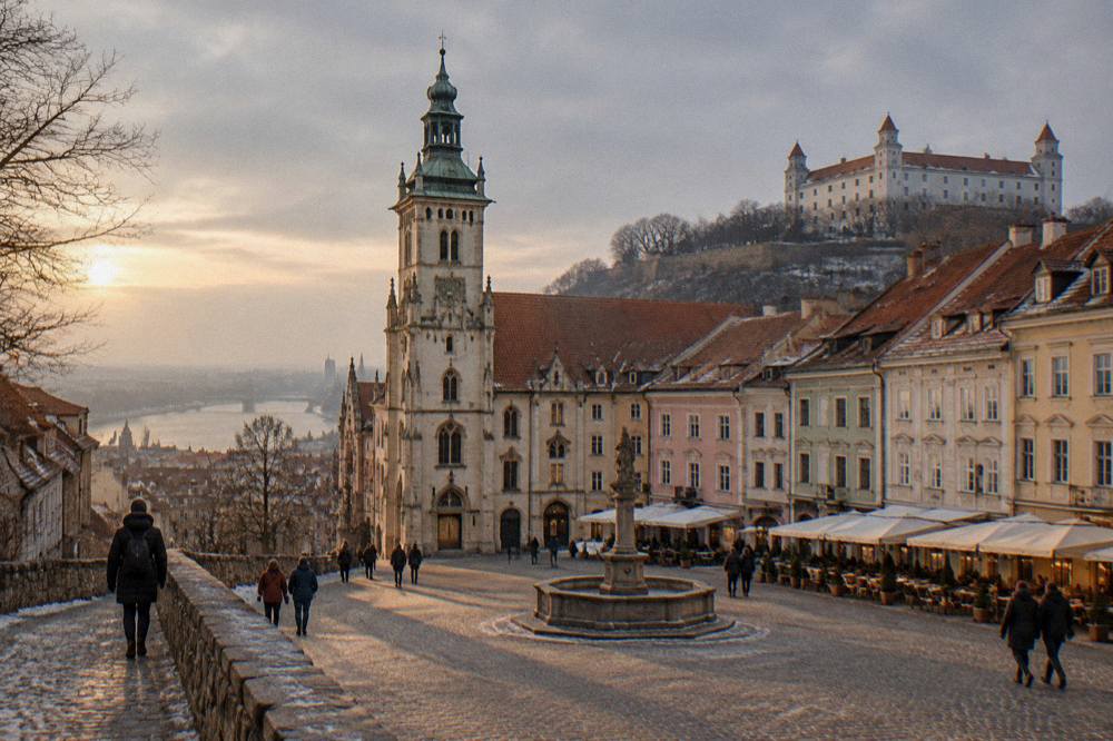 A walker in a winter coat on the castle hill path above Bratislava