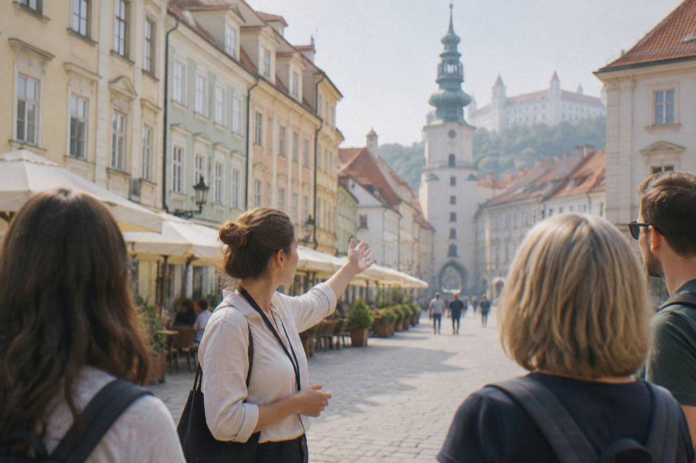 A guide speaking to a small group of visitors on a square in Bratislava's Old Town