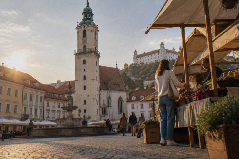 A visitor greeting a vendor at an outdoor market stall in Bratislava