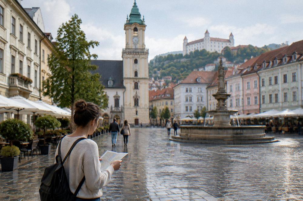 A visitor reading a street name sign on a building corner in Bratislava