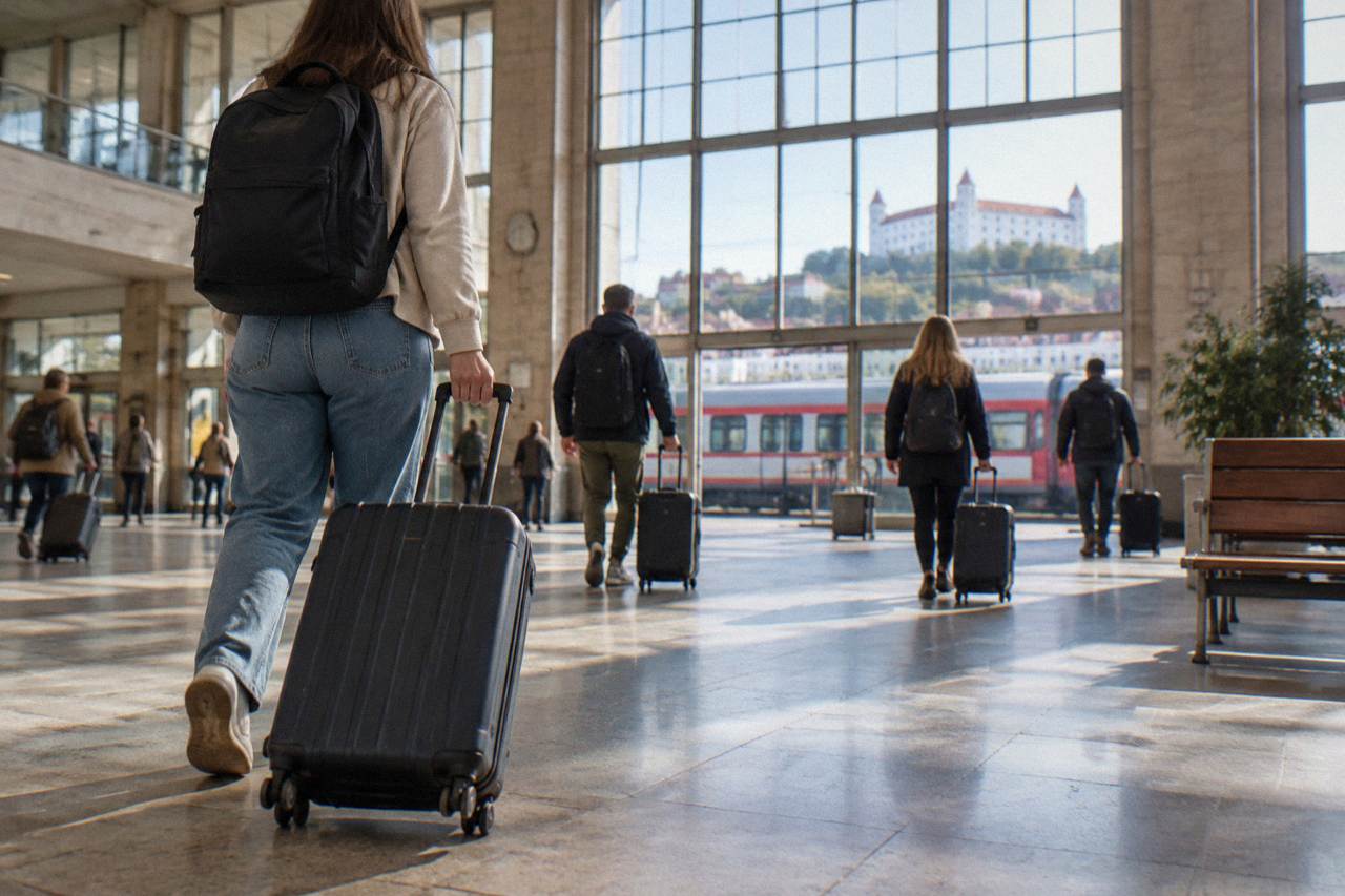 Passengers with suitcases walking through the hall of Bratislava main railway station