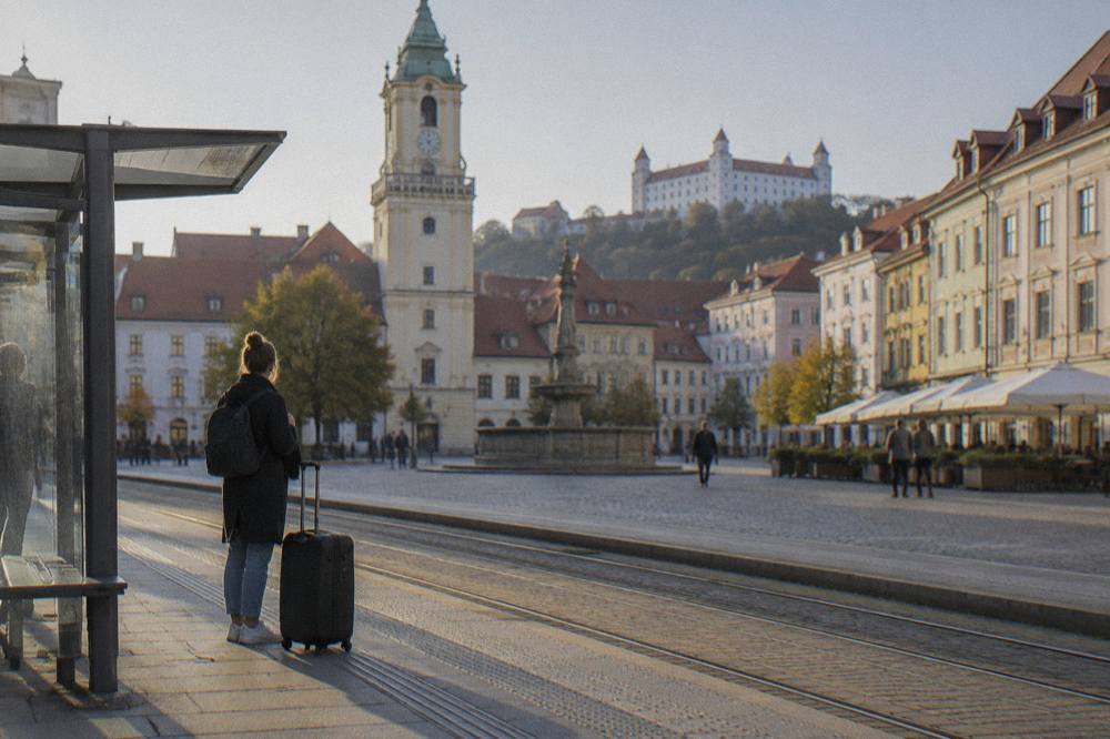 Traveller standing beside a suitcase on a tram platform in central Bratislava