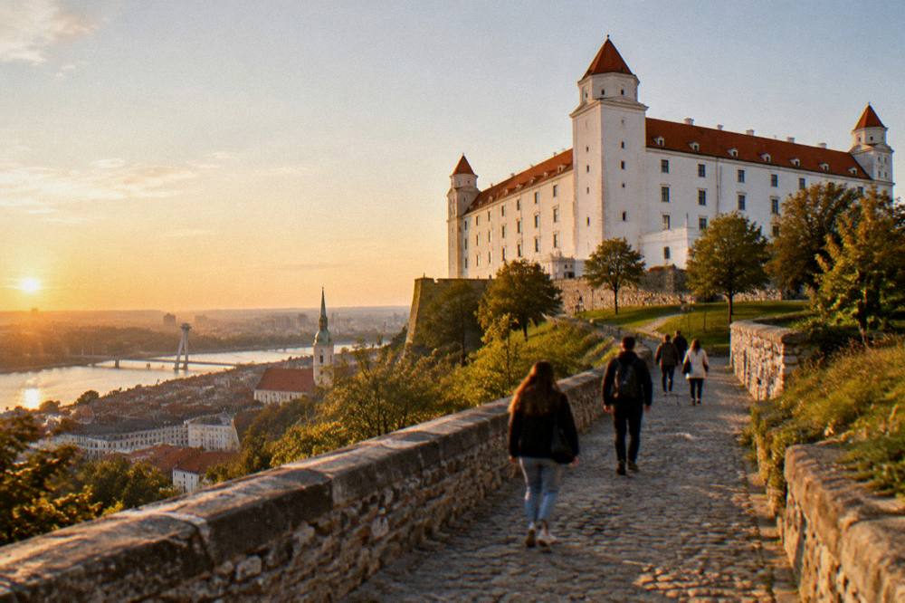 Walkers on the path up to Bratislava Castle with the city skyline behind them
