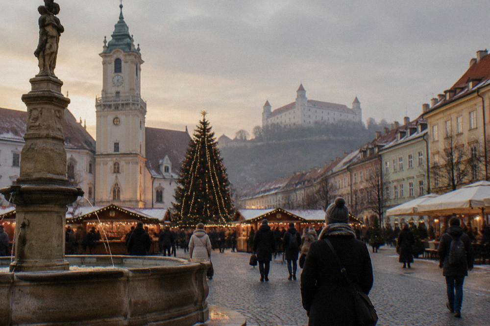 Christmas market stalls and a decorated tree on the main square in Bratislava in the evening