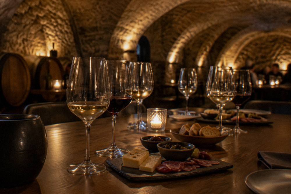 A table laid with wine glasses and small tasting plates in a dim vaulted cellar room