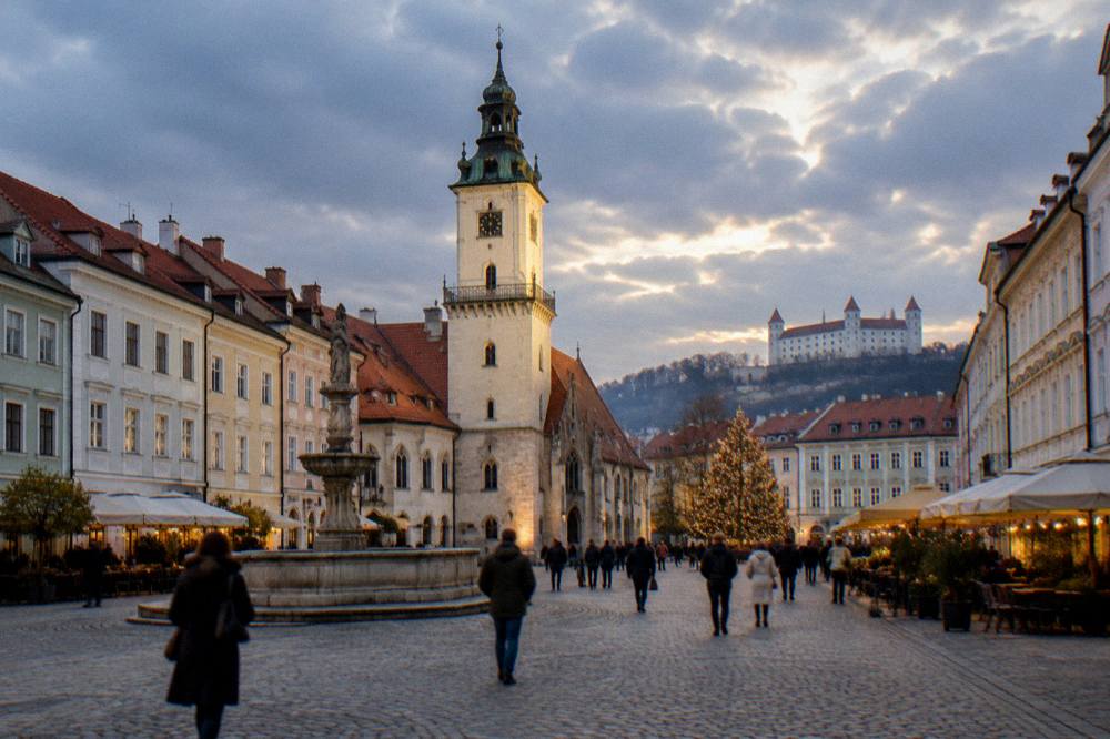People walking across a lit city square in the evening with a illuminated tree in the distance