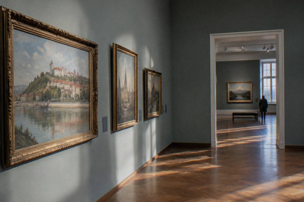 Gallery interior with paintings hung on a wall and wooden flooring