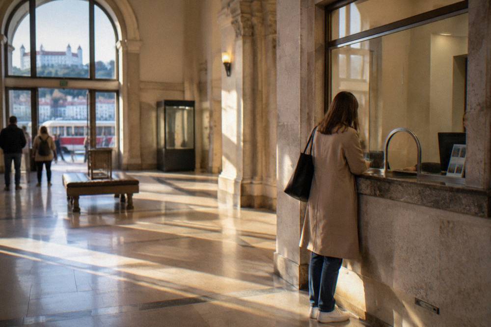 Ticket counter window in a museum lobby with a visitor buying admission