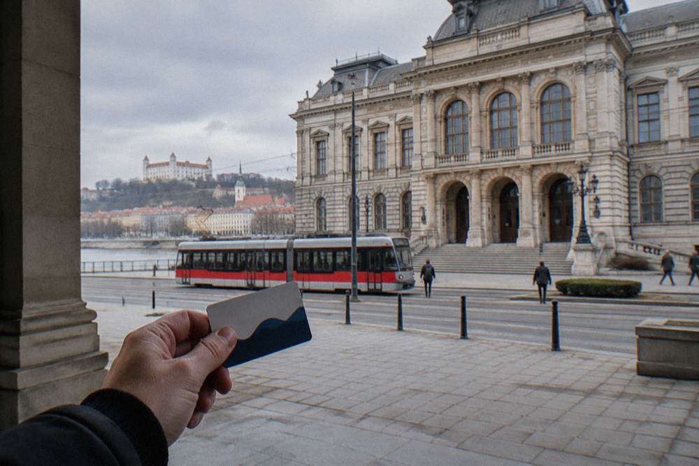 Visitor holding a city pass card in front of a museum entrance