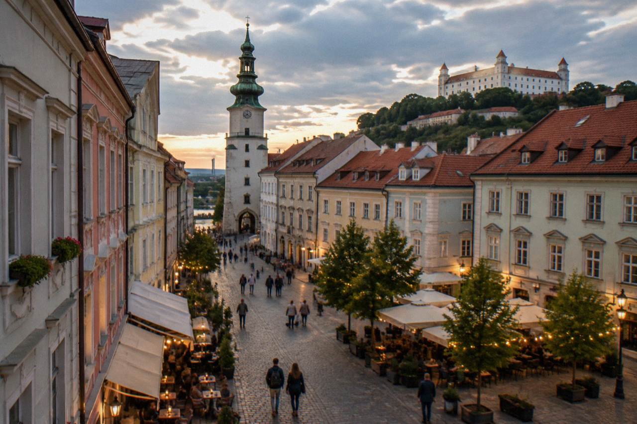Evening lights over a pedestrian square in Bratislava's Old Town with people walking between outdoor tables