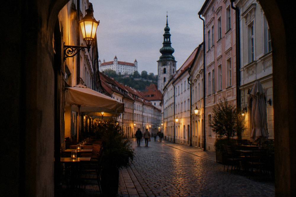 A narrow lamplit street in Bratislava's Old Town at night with bar signs above cellar entrances