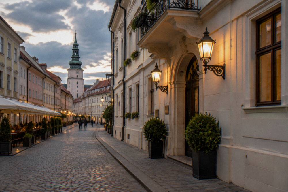 A hotel facade on a quiet Old Town street in Bratislava lit by evening lamps