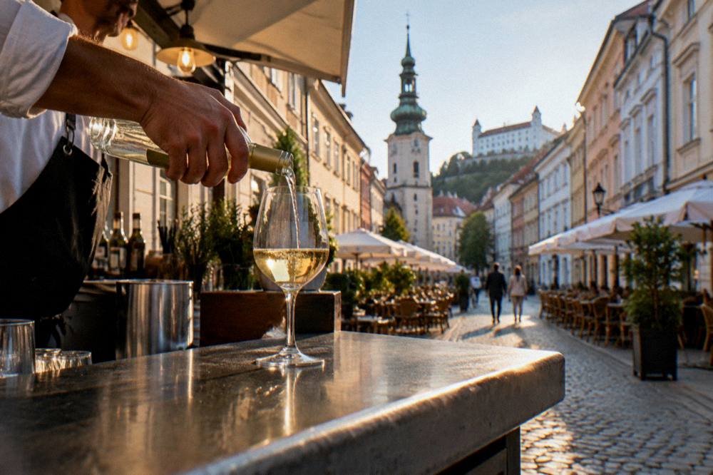 A bartender pouring a glass of white wine at a counter lit for the evening