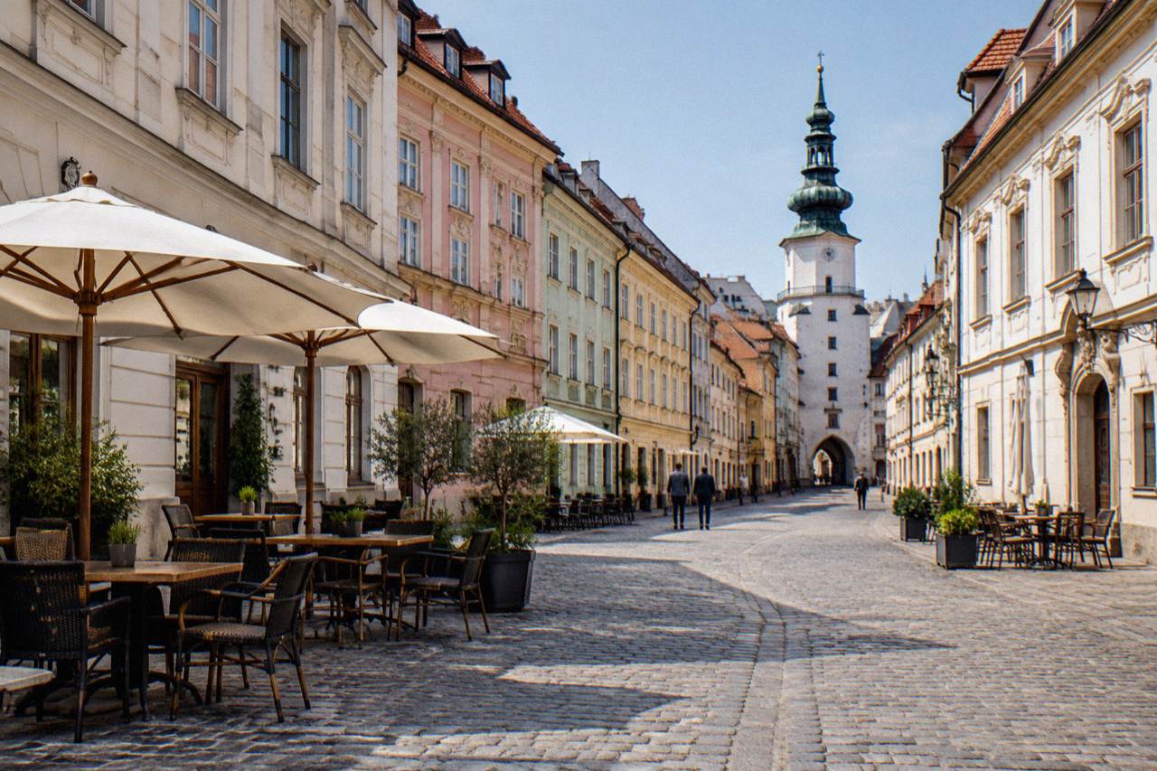 A quiet cobblestone square in Bratislava Old Town with pastel townhouses and outdoor cafe tables