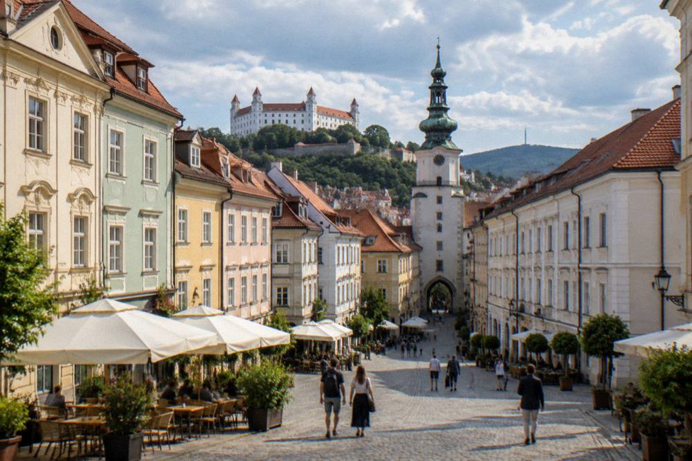 Visitors walking through a square in Bratislava Old Town on a bright afternoon