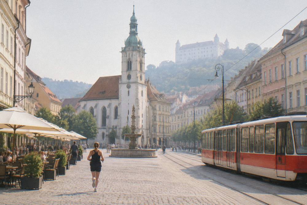 A tram moving through a Bratislava street lined with pastel buildings